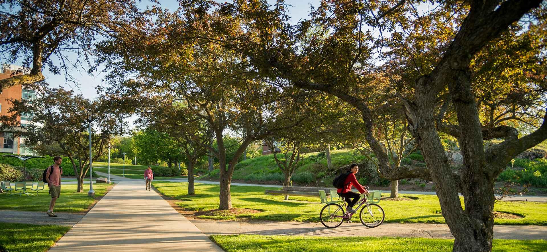 同伴花园的景色，一个女人骑着自行车，两个人在散步